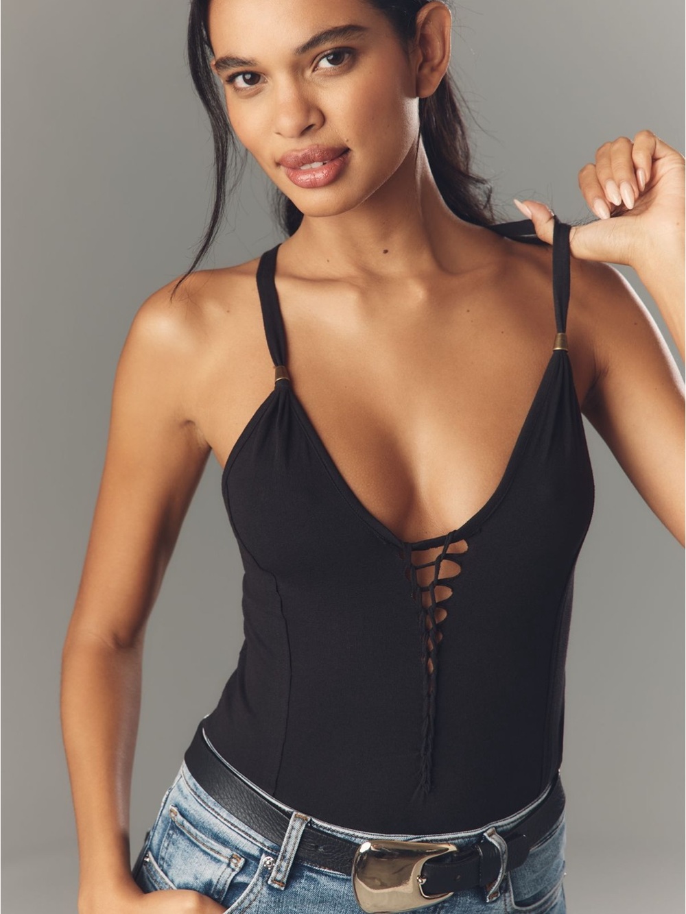Anthropologie Black Lace-Up V-Neck Camisole